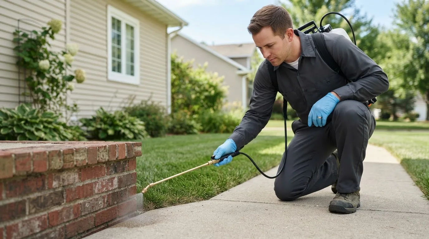 Pest control technician treating a home near Arley, AL